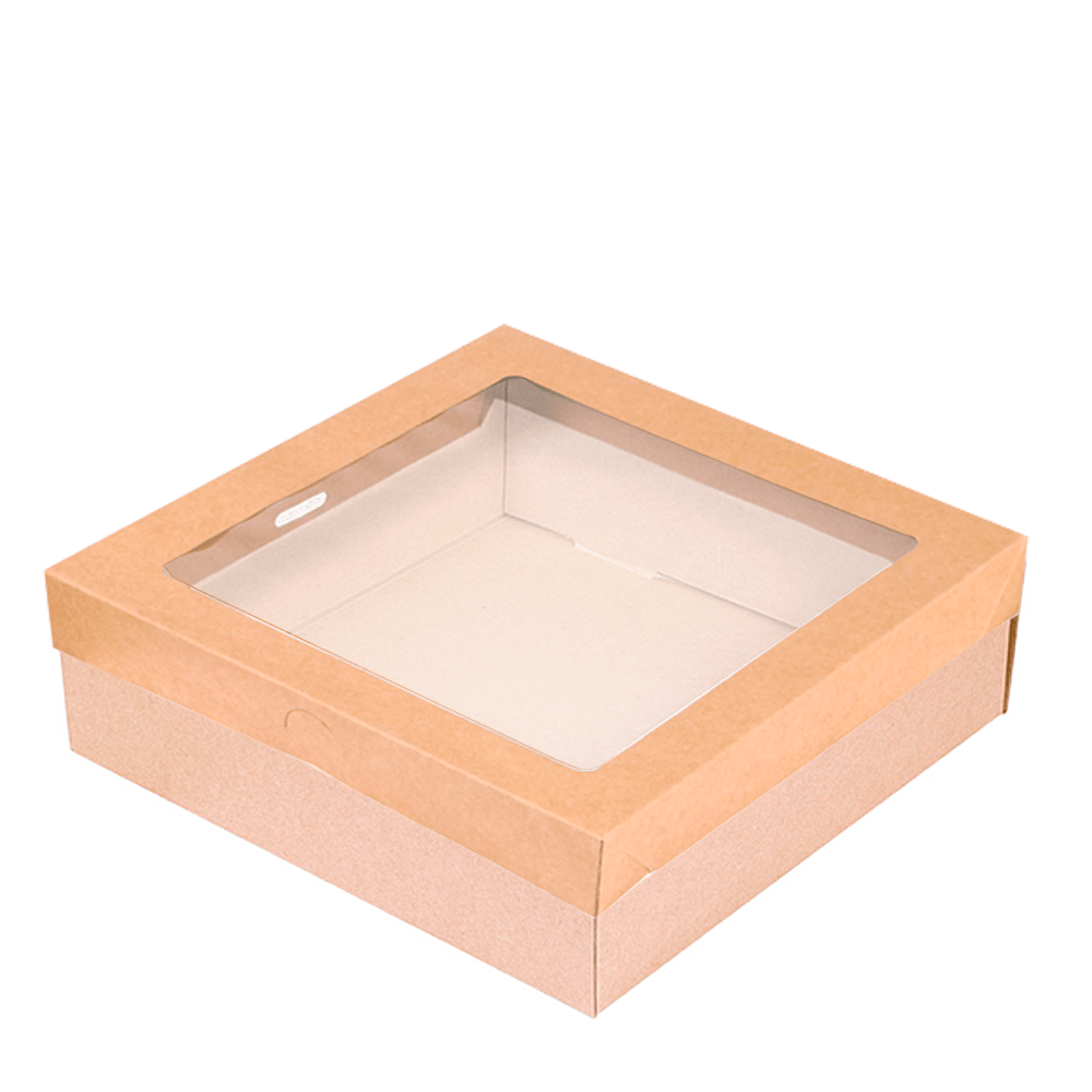 CAJA EN KRAFT CON TAPA Y VENTANA 22,5x22,5x6CM "GOURMET"