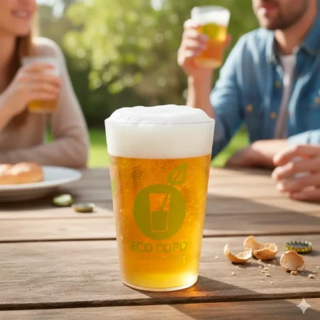 O Eco Copo em PP com logo da marca EcoCopo 20cl (200ml) / 25cl alia resistência e sustentabilidade.
