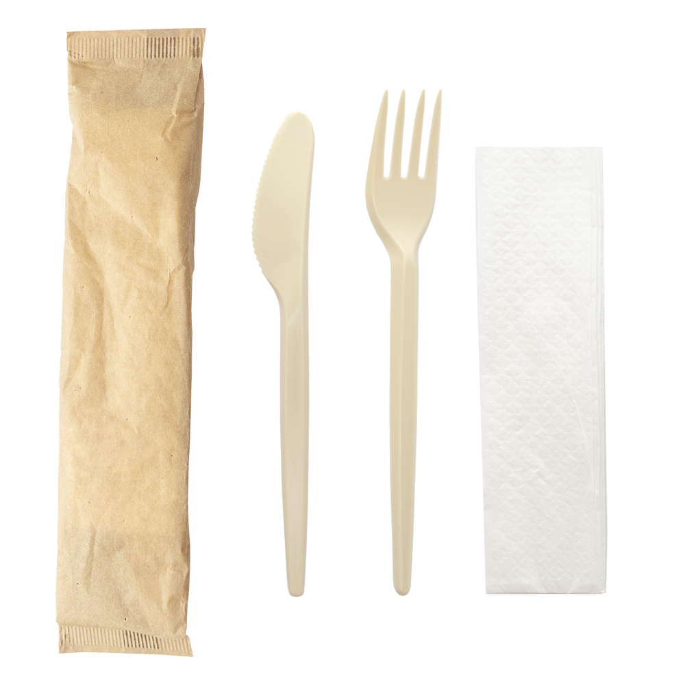 KIT TENEDOR+CUCHILLO REUTILIZABLES CON SERVILLETAS EN SOBRE DE PAPEL (EMB. INDIVIDUALMENTE)
