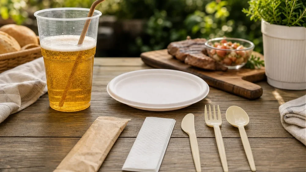 VASO CERVEZA REUTILIZABLE PP TRANSPARENTE 50CL (500ML) e PLATO EN FIBRA DE CAÑA DE AZÚCAR 15CM e PAJITA FLEXIBLE DE